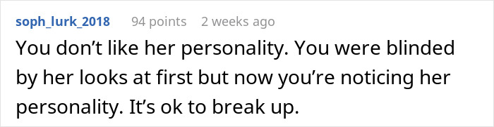 Comment discussing personality differences in a relationship with advice on breaking up.