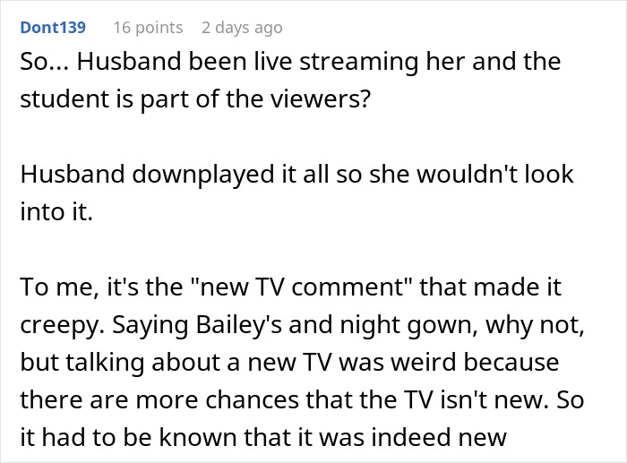 Comment discussing student making creepy remark about a new TV, with husband dismissing concerns.