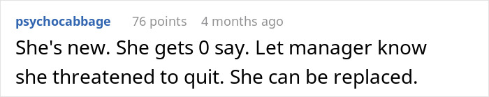 Comment discussing a colleague threatening to quit unless a graveyard shift is resumed.