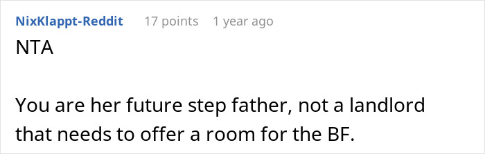 Reddit comment discussing an 18YO asking her stepdad for accommodation with her boyfriend.