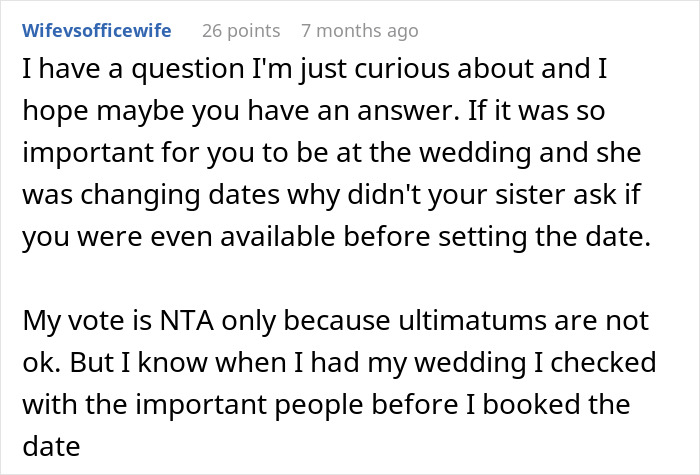 Reddit comment discussing relationship ultimatums and wedding date conflicts.