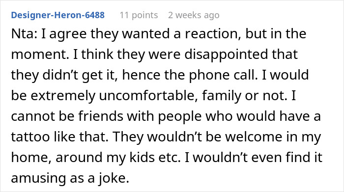 Reddit comment discussing uncomfortable reaction to an offensive tattoo, emphasizing family dynamics and personal boundaries.