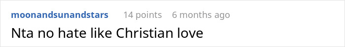 Reddit comment stating, "Nta no hate like Christian love," with username and upvotes.