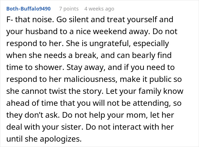 Text from an online forum post giving advice about family conflicts and boundaries.