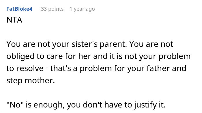 Reddit comment siding with woman refusing to babysit, stressing lack of obligation to her sister.