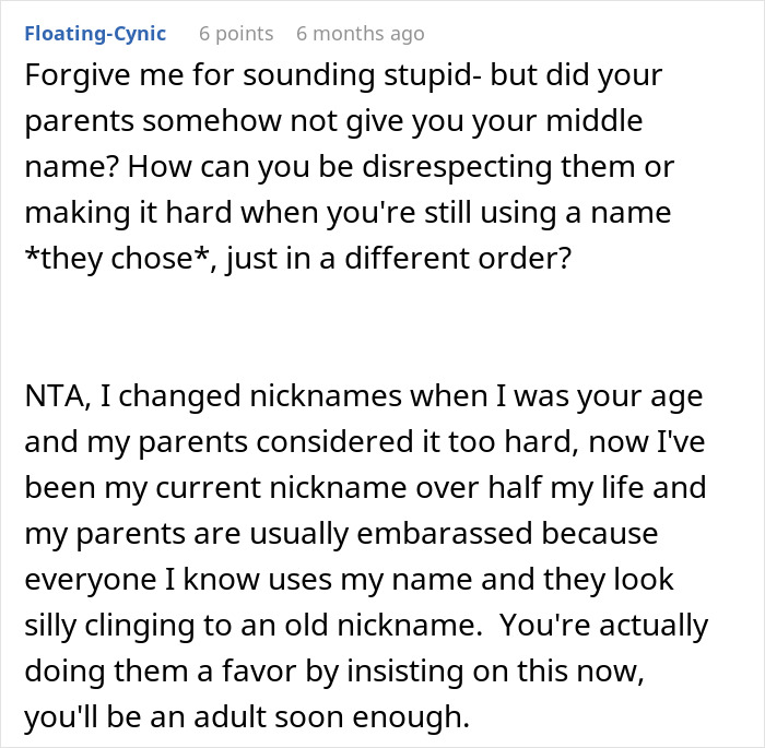 Discussion about changing names and nicknames, mentioning parental decisions on naming.