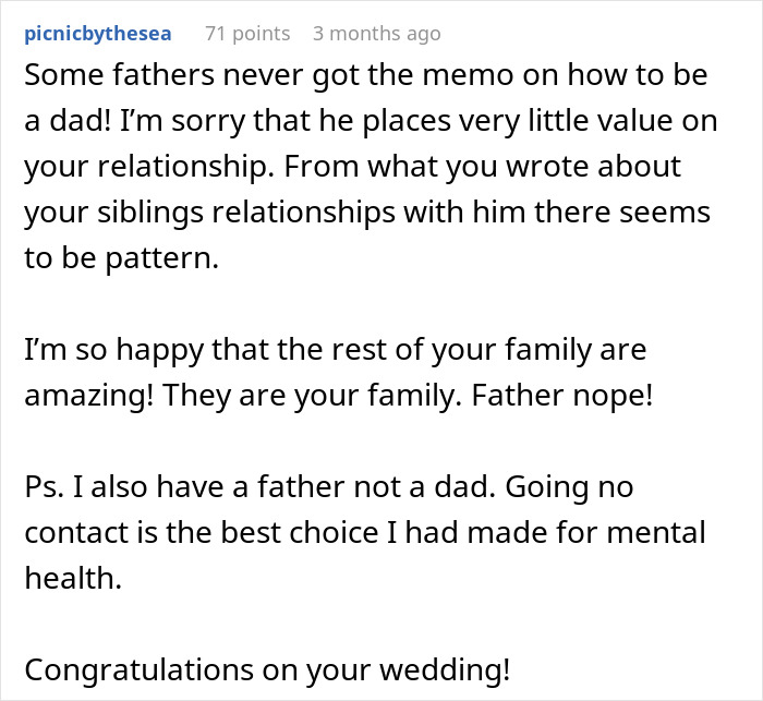 Text conversation discussing a dad choosing wife over daughter, missing her wedding, and family dynamics.