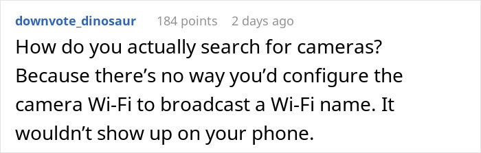 Reddit user comments on hidden camera detection paranoia.