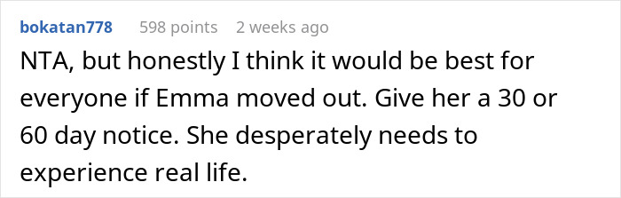 Text comment suggesting an adult child should move out for real life experience, related to mom asking for rent help.