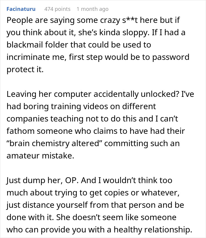 Reddit comment discussing a girlfriend's laptop and advice to end the relationship.