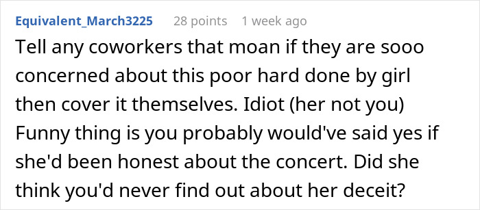 Text from a comment discussing coworkers covering shifts and a concert deception.