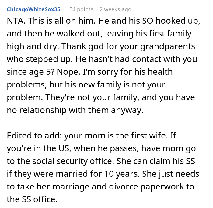 Reddit comment discussing refusing to care for a deadbeat father's affair family.