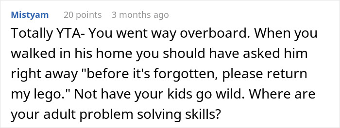 Comment discussing letting kids loot brother's house, questioning adult problem-solving skills.