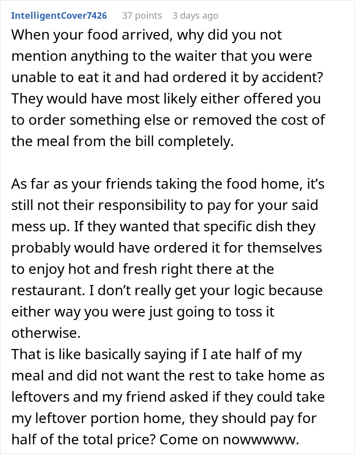 Reddit comment discussing a woman's refusal to pay for a meal her friends took home.