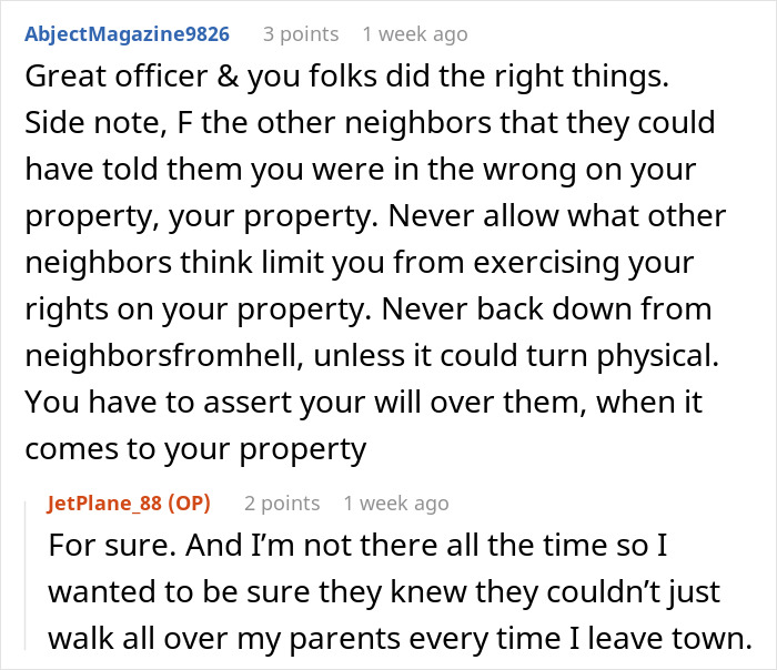 Comments about dementia, property rights, and neighbor disputes.