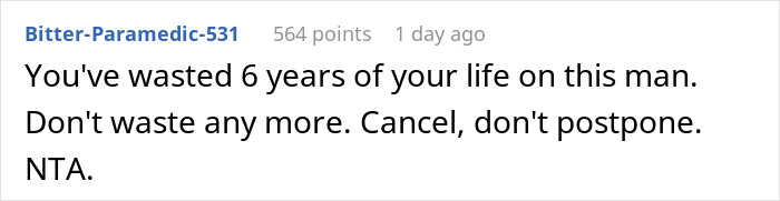 Reddit comment advising fiancée to cancel wedding due to groom's remark about her scar.