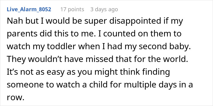 Reddit comment discussing disappointment in parents not helping during a second child's birth, keyword: cruise cancellation.