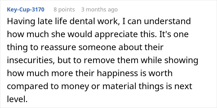 Reddit comment about appreciating a life-changing gift rather than material things.