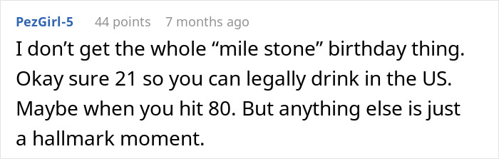 Comment discussing milestone birthdays and their significance.