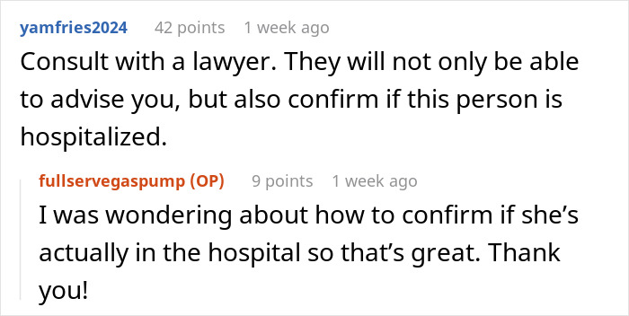 Discussion on confirming hospitalization with a lawyer, related to vendor-come-wedding-deposit.