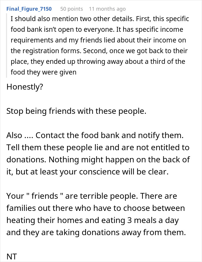 Text conversation criticizing friends lying about income for food bank donations.