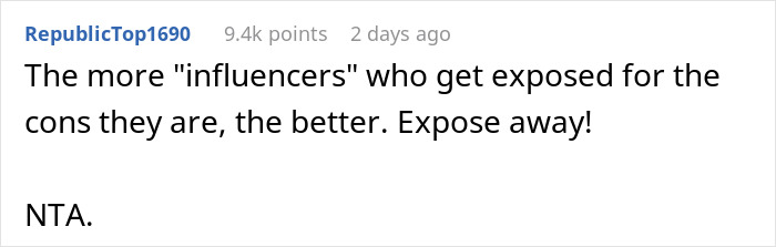 Comment about exposing influencers demanding freebies, with username RepublicTop1690, 9.4k points, 2 days ago.