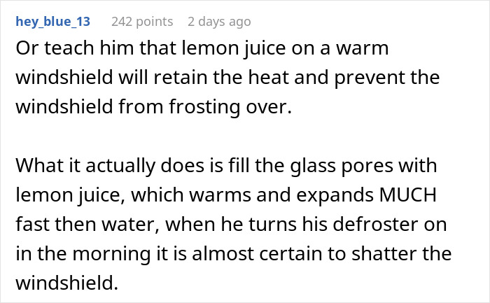 Comment about using lemon juice on windshield, suggesting potential damage due to expansion.