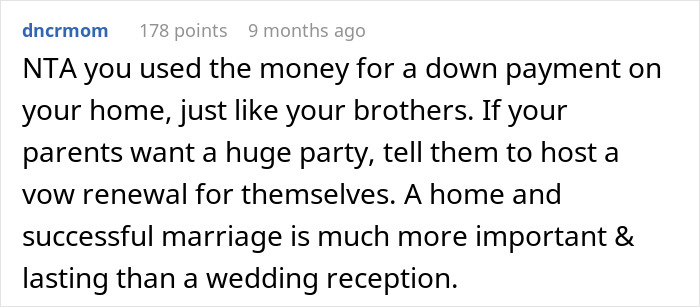 Reddit comment discussing eloping and using wedding money for a home down payment.