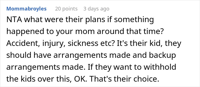 Comment discussing backup arrangements for a child's birth amid a cruise plan dilemma.