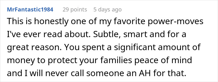 Reddit comment praising someone for outbidding their in-laws to maintain family distance.