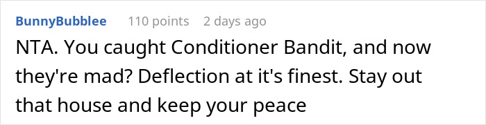 Comment about catching someone stealing, mentioning 'Conditioner Bandit' and advice to stay away for peace.