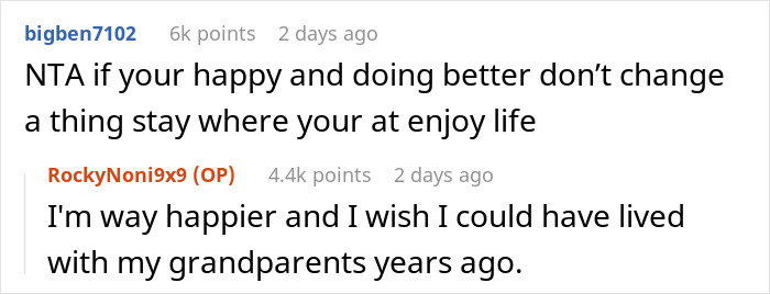 Reddit comments discuss a frustrated teen choosing grandparents over neglectful mom and troubled stepkid.