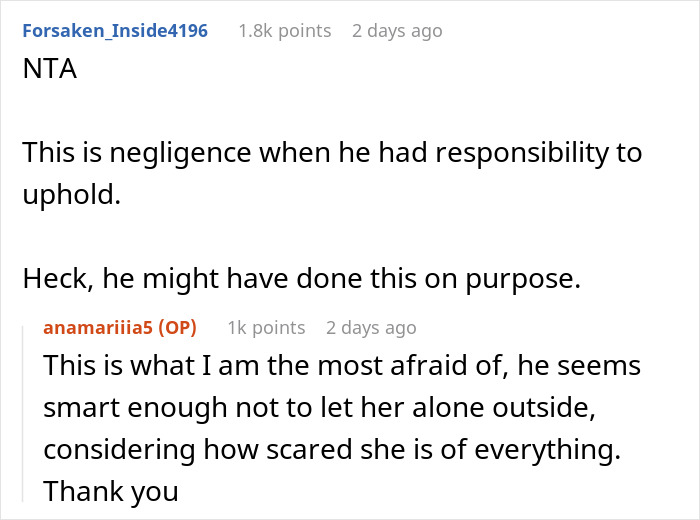 Reddit comment discussing negligence regarding a lost dog during a woman's trip, expressing fear of intentional actions.