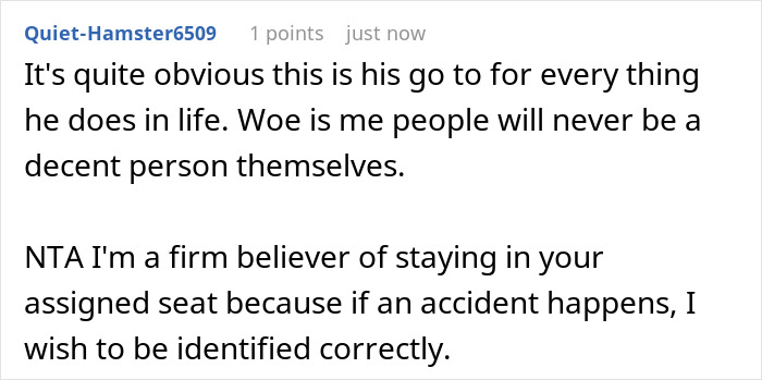 Reddit comment thread about seat assignments and personal responsibility.