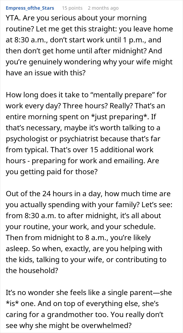 Text criticizes husband's daily routine, highlighting lack of family time due to taking personal time and late work hours.