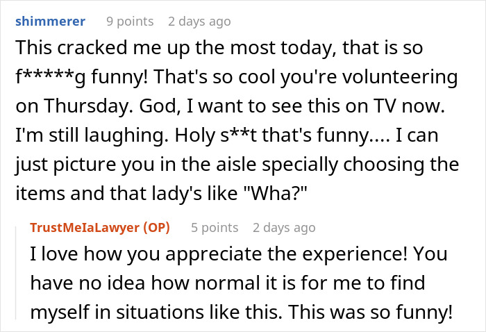 Reddit comments about volunteering at a food bank and finding humor in the unexpected situation.