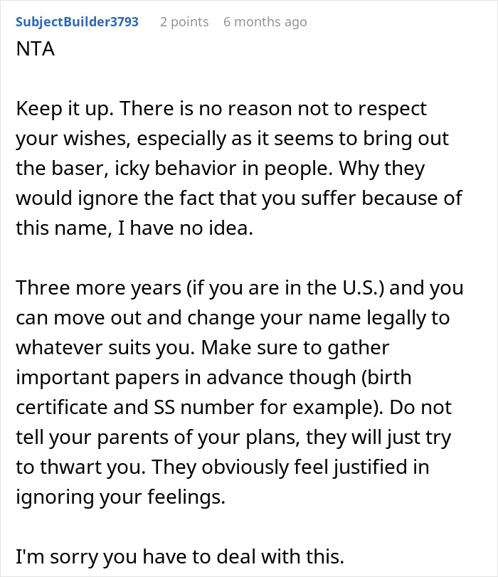 Reddit comment discussing name change advice, emphasizing respect for individual preferences.