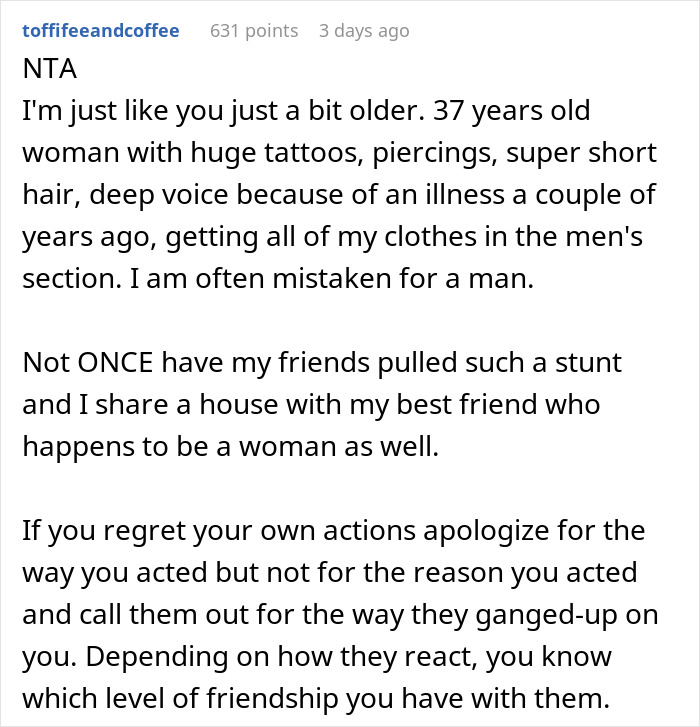 Comment discussing assumptions about a woman's appearance and mistaken identity.