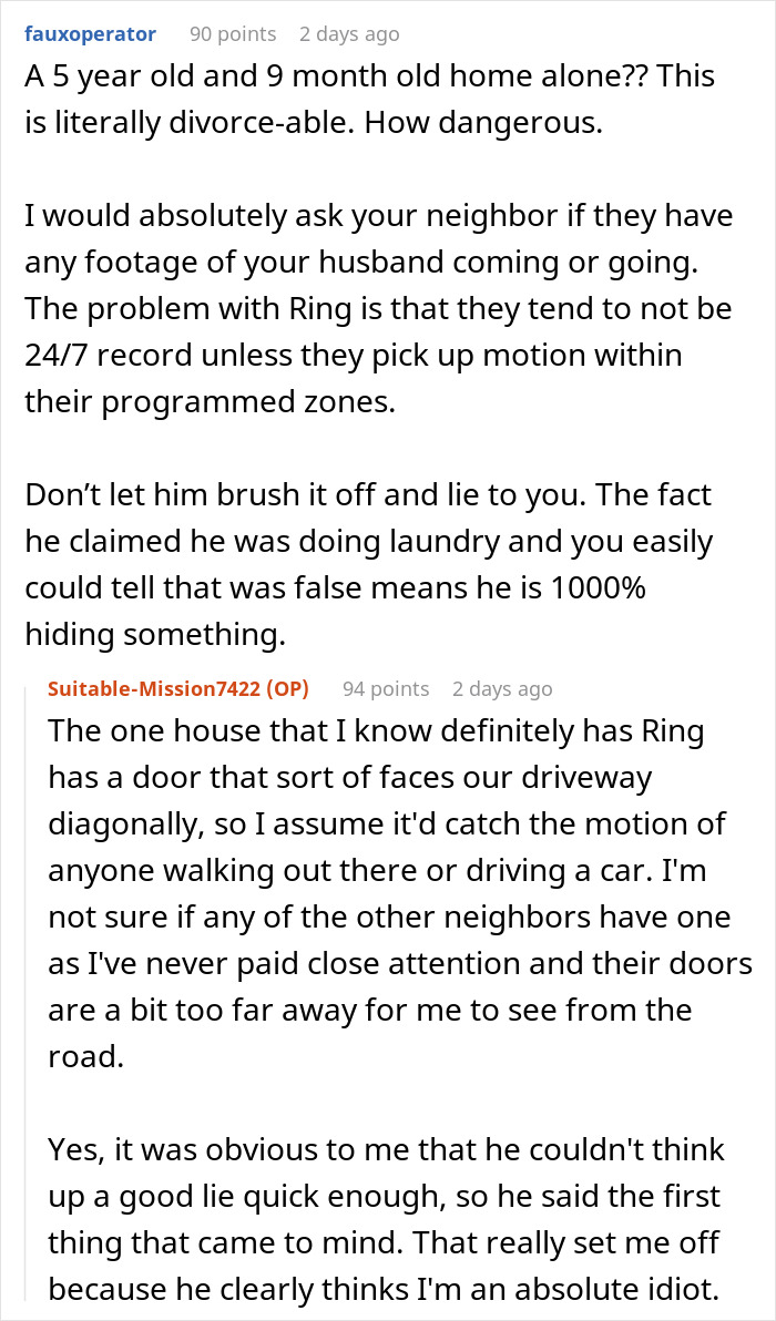 Reddit comments discuss a husband's denial of leaving children home alone, suggesting checking Ring footage for verification.