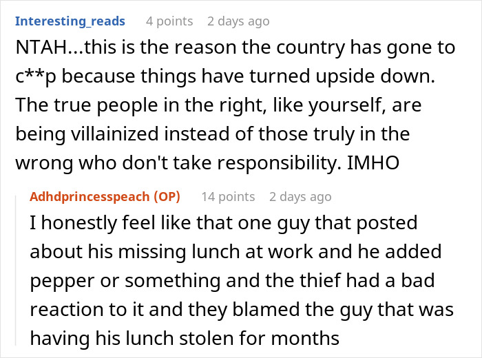 Reddit comments discussing suspicion and evidence related to theft incidents.