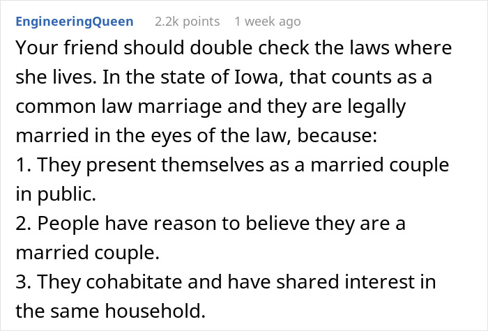 Text outlining Iowa's common law marriage criteria discussed in a comment thread.