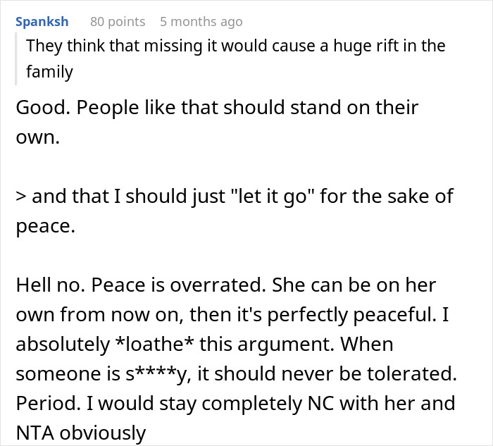 Reddit comment discussing relationship dynamics and peace, mentioning family tensions and personal boundaries.