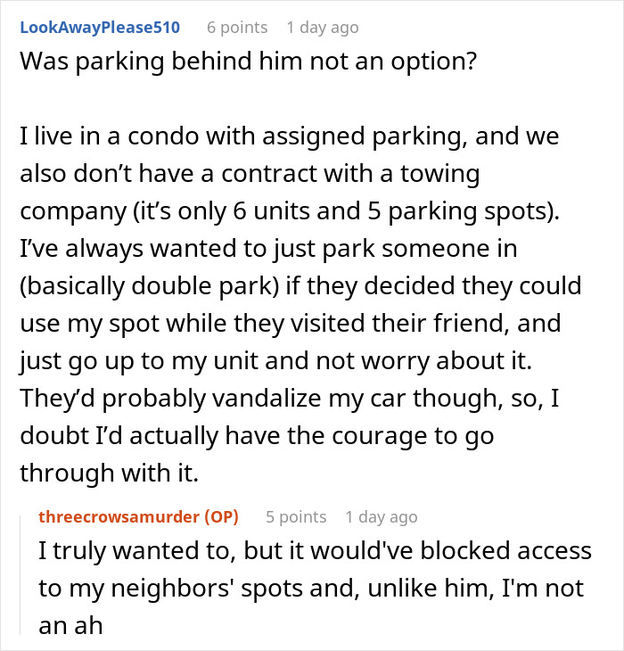 Reddit comment about assigned parking issues in a condo complex, discussing potential parking solutions.