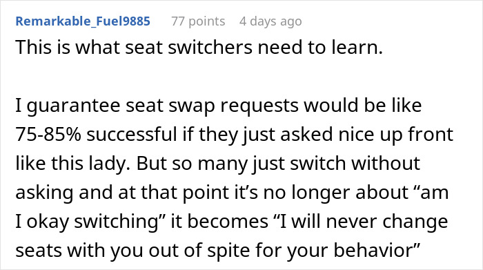 Comment discussing successful seat swap requests, referencing an elderly woman's approach and proper seat-switching etiquette.