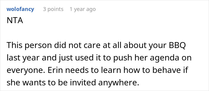 Reddit comment discussing a vegan shaming family at a BBQ and issues with being invited.