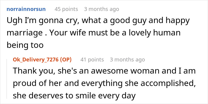 Comments discussing a husband's life-changing gift for his wife, highlighting their happy marriage.