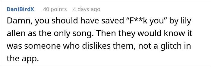 Comment suggesting a song for petty revenge after being used by a friend.