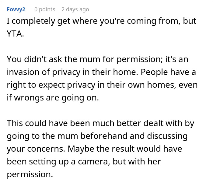 Text comment discussing privacy concerns related to setting up a camera for evidence.