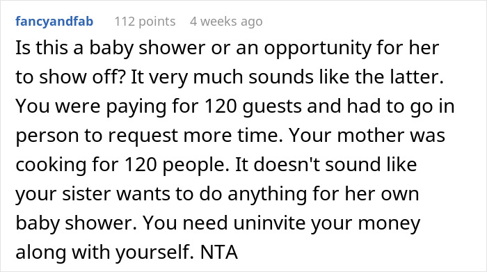 Reddit comment criticizing an entitled sister’s behavior at her baby shower event.