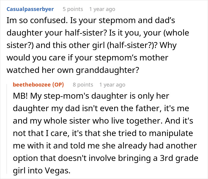 Reddit thread discussing a woman's refusal to babysit for her parents, highlighting complex family dynamics and emotional reasoning.